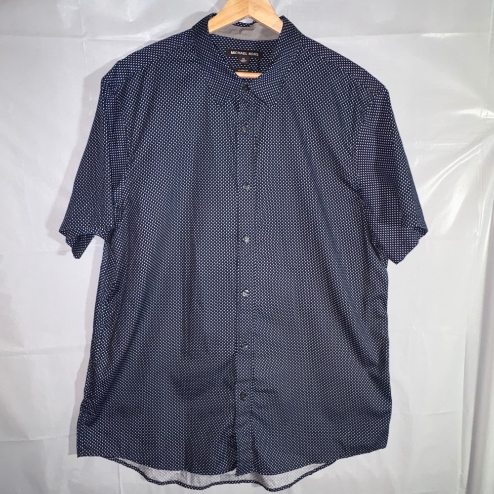 Michael Kors Mens XL Blue Geometric Micro Print Short Sleeve Button Down Shirt